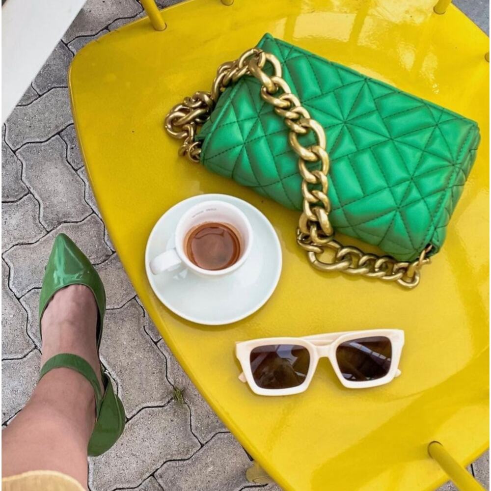 ZARA Green Quilted Chain Shoulder Bag NWT Gold Chain Purse OS - Picture 3 of 16